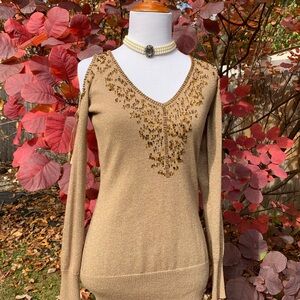 CACHE Vintage Rayon blend VNeck cold shoulder embellished, gold tone sweater NWT
